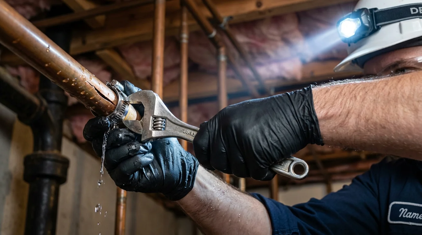 Emergency pipe clamp repair being performed by a Johns Plumbing LLC plumber in Avenel