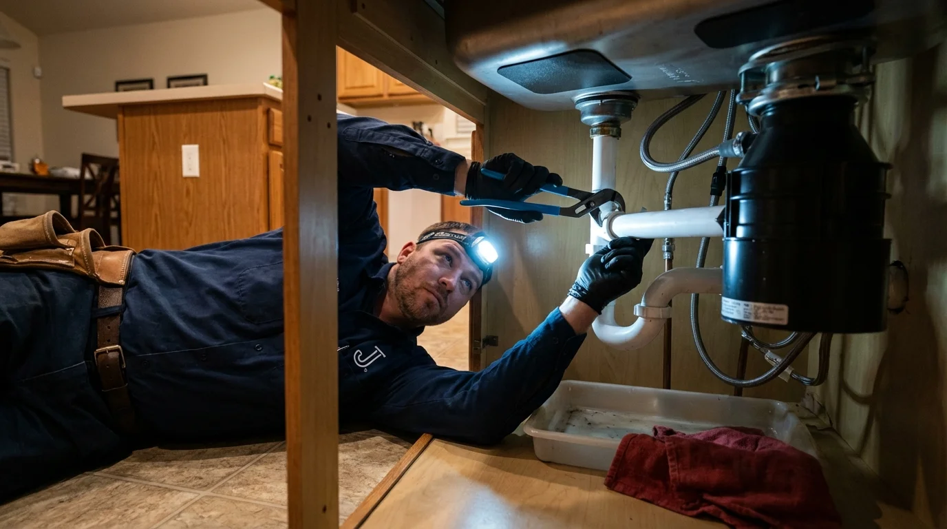 P-trap and supply line connections under a kitchen sink showing a common leak point in Avenel, NJ